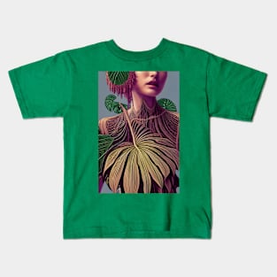 Woman in Monstera Deliciosa Leaves Kids T-Shirt